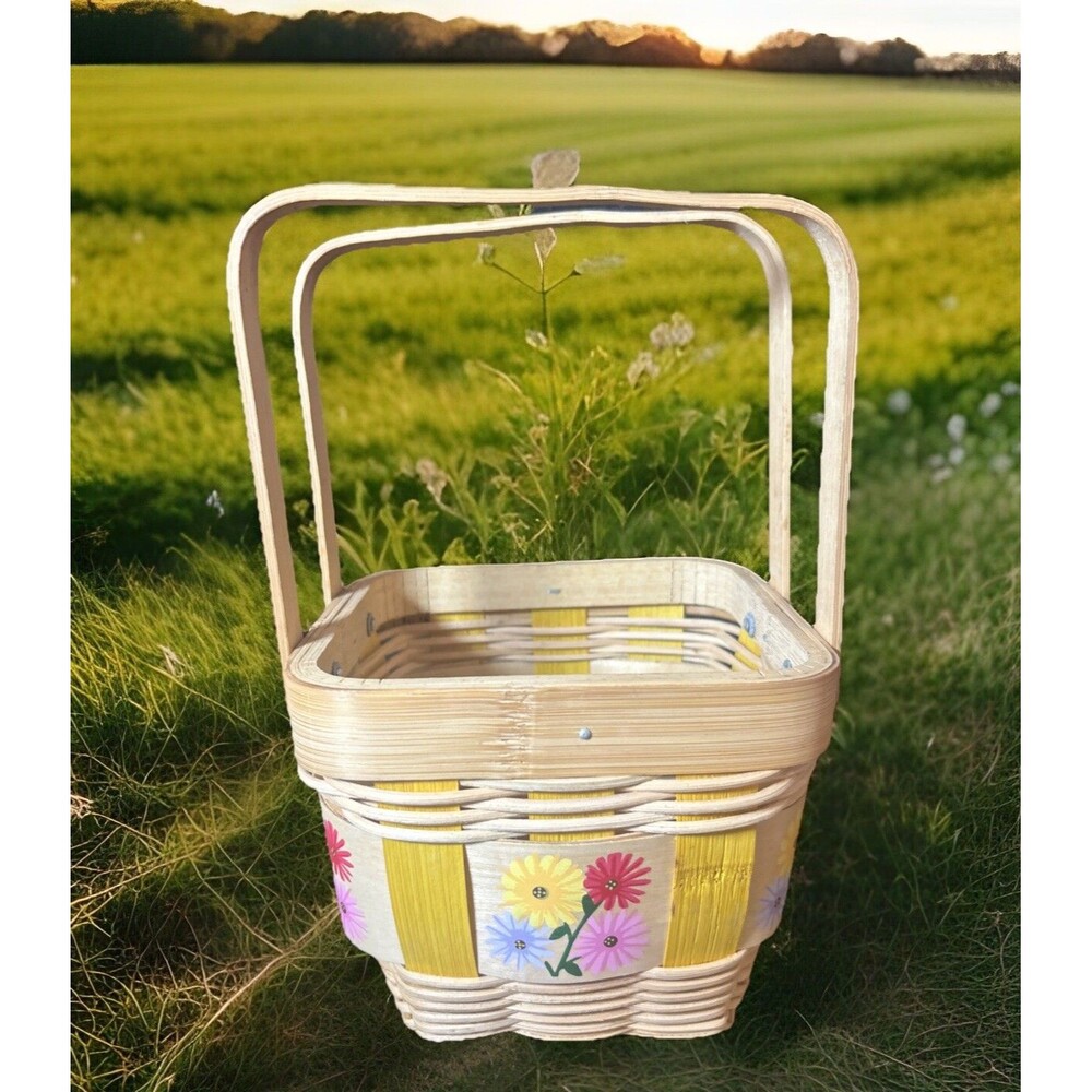 Painted Basket Double Hinge Handles Split Light Color Wood Floral Easter Spring
